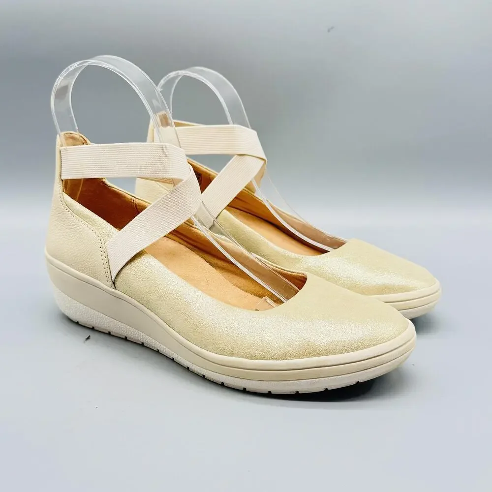 Vionic Shoes Women 6 Beige Leather Ellery Mary Jane Wedge Comfort Flats Orthotic